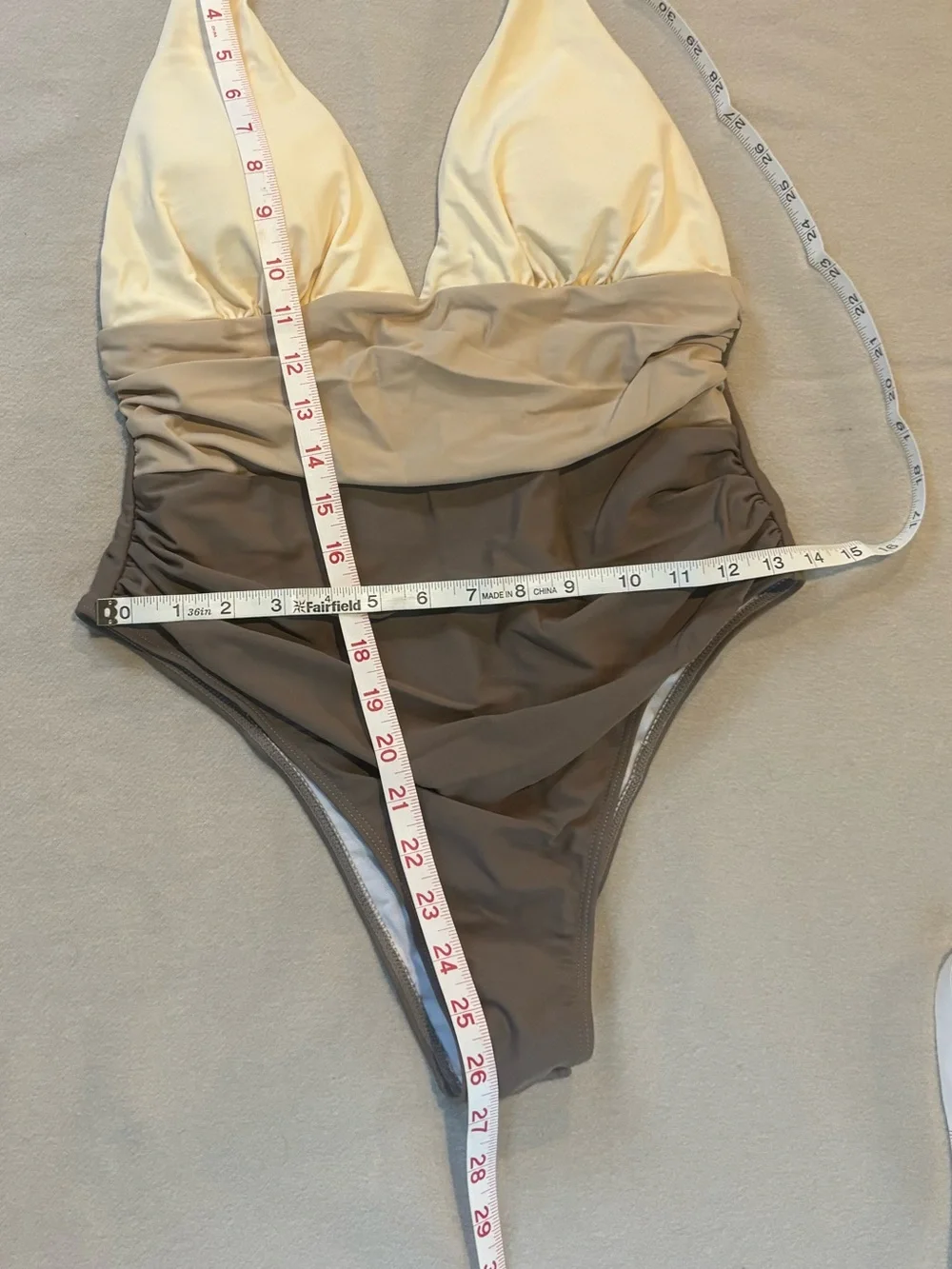 Cupshe Colorblock Halter One-Piece Swimsuit in Cream, Tan, and Brown Size L